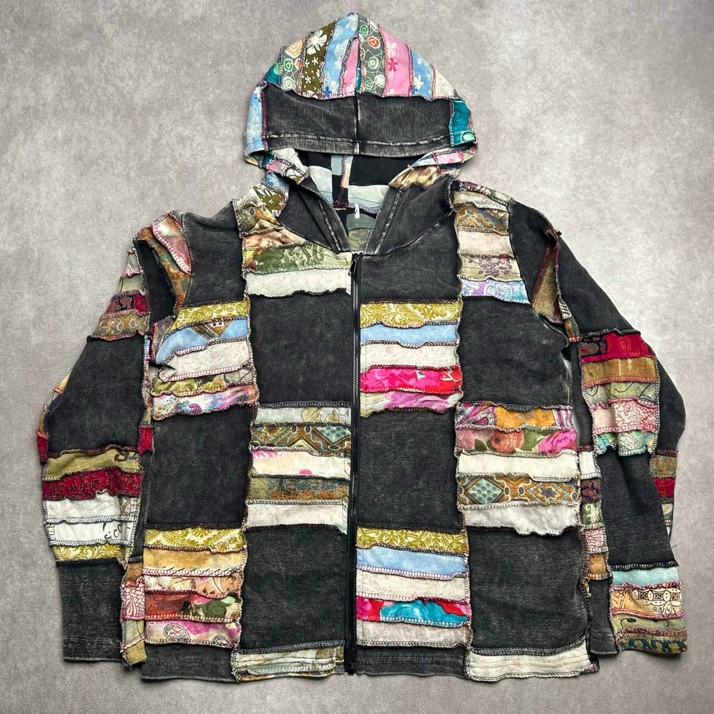 Boho Patchwork Zip Up Hoodie Women M Made in Nepal Cotton Charcoal Multi Pattern